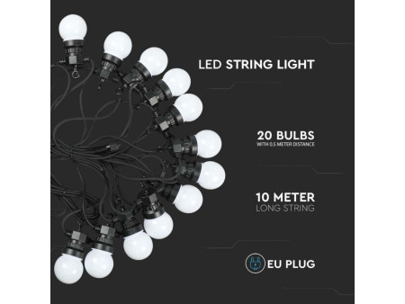 SKU 217440 VT-71020 V-TAC Catenaria LED 10m con 20 Lampadine 10W con Schuko Bianca 6000K IP44