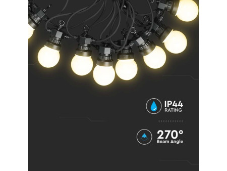SKU 217439 VT-71020 V-TAC Catenaria LED 10m con 20 Lampadine 5W con Schuko Bianca 3000K IP44