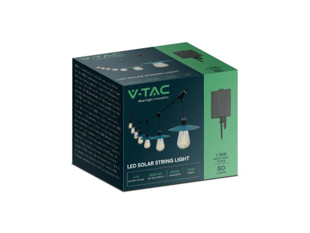 SKU 23034 VT-715S V-TAC Catenaria LED Solare 15.6m per 15 Lampadine ST64 a Filamento Nera 3000K IP44