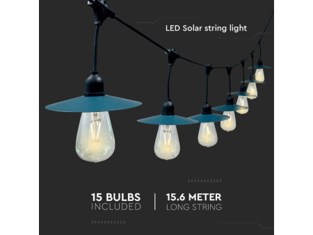 SKU 23034 VT-715S V-TAC Catenaria LED Solare 15.6m per 15 Lampadine ST64 a Filamento Nera 3000K IP44