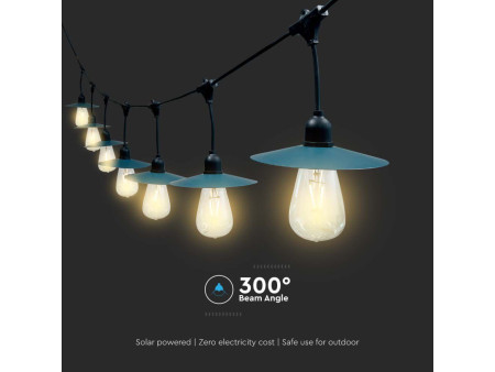 SKU 23034 VT-715S V-TAC Catenaria LED Solare 15.6m per 15 Lampadine ST64 a Filamento Nera 3000K IP44