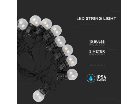 SKU 2728 VT-71510 V-TAC Catenaria LED 5m con 10 Lampadine a Filamento 4W con Schuko Nera 3000K