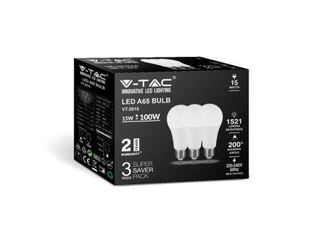 SKU 212818 VT-2015-3PC V-TAC Lampadina LED E27 15W A65 6500K (Box 3 pezzi)
