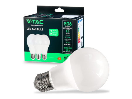 SKU 217241 VT-1900 V-TAC Lampadina LED E27 8,5W A60 4000K (Box 3 pezzi)