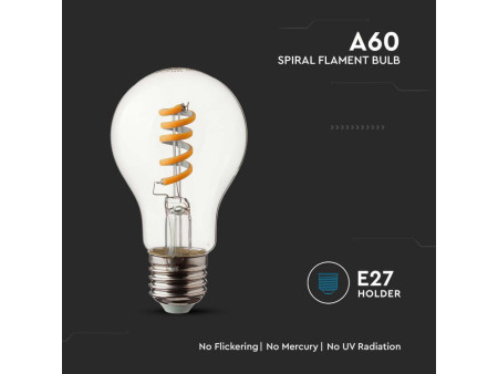 SKU 217336 VT-2164-N V-TAC Lampadina LED E27 4W 100LM/W A60 Filamento a Spirale 3000K