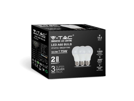 SKU 217354 VT-2113 V-TAC Lampadina LED E27 10,5W 100LM/W A60 6500K (Box 3 pezzi)
