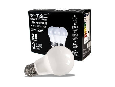 SKU 217352 VT-2113 V-TAC Lampadina LED E27 10,5W 100LM/W A60 3000K (Box 3 pezzi)