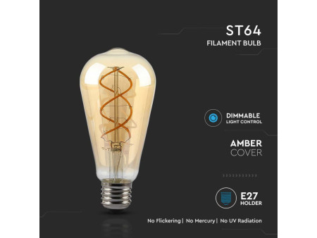 SKU 217416 VT-2065 V-TAC Lampadina LED E27 5W ST64 Filamento Ambrato 1800K Dimmerabile