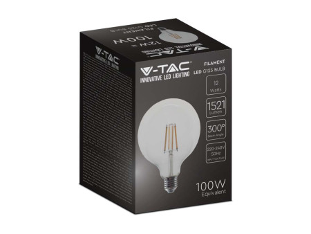 SKU 217453 VT-2143 V-TAC Lampadina LED E27 12W 120LM/W G125 Filamento Trasparente 3000K