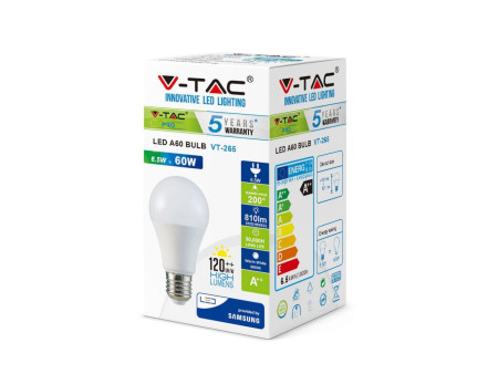SKU 257 VT-265 V-TAC PRO Lampadina LED Chip Samsung E27 6,5W 120LM/W A60 6400K