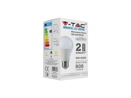 SKU 2760 VT-2219 V-TAC Lampadina LED E27 9W A60 con Sensore di Movimento e Crepuscolare 3000K