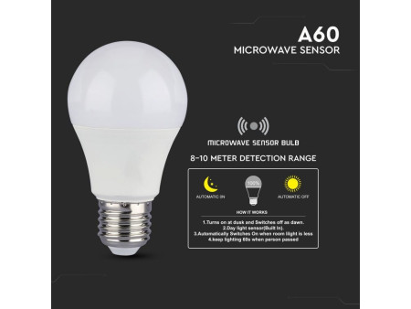SKU 2760 VT-2219 V-TAC Lampadina LED E27 9W A60 con Sensore di Movimento e Crepuscolare 3000K