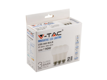SKU 2819 VT-2015 V-TAC Lampadina LED E27 15W A65 2700K (Box 3 pezzi)