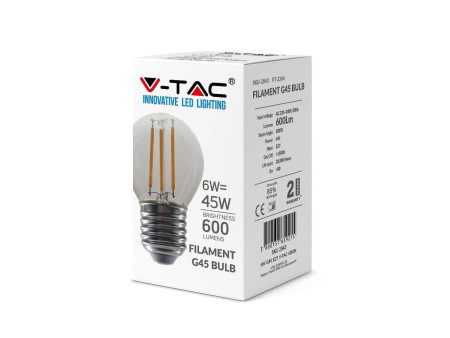 SKU 2842 VT-2366 V-TAC Lampadina LED E27 6W 100LM/W G45 Filamento 2700K
