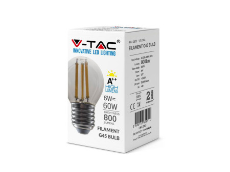 SKU 2851 VT-2386 V-TAC Lampadina LED E27 6W 130LM/W G45 Filamento 2700K