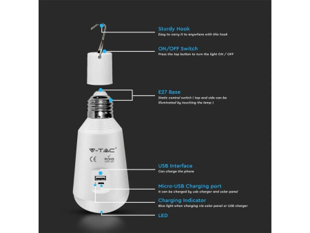 SKU 2857 VT-2417 V-TAC Lampadina LED ricaricabile con USB e Pannello Solare 7W CCT 3in1 IP20