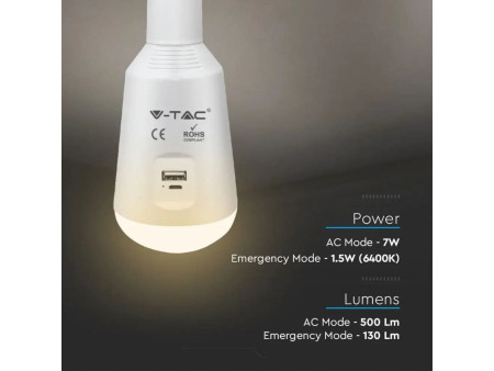 SKU 2857 VT-2417 V-TAC Lampadina LED ricaricabile con USB e Pannello Solare 7W CCT 3in1 IP20