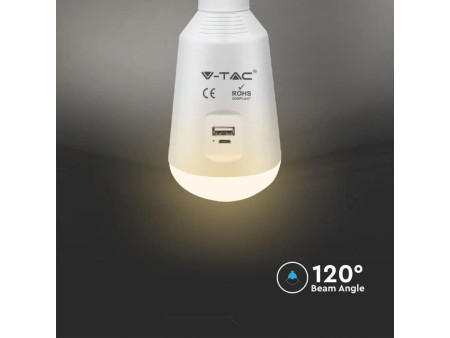 SKU 2857 VT-2417 V-TAC Lampadina LED ricaricabile con USB e Pannello Solare 7W CCT 3in1 IP20