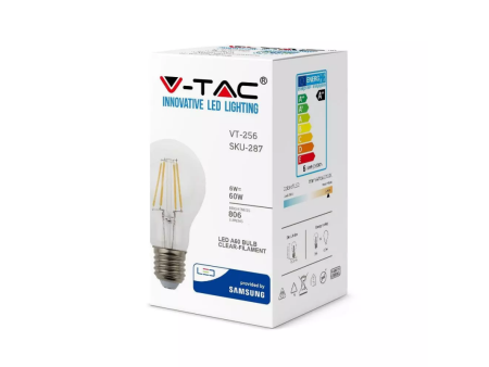 SKU 287 VT-256 V-TAC PRO Lampadina LED Chip Samsung E27 6W A60 Filamento 2700K