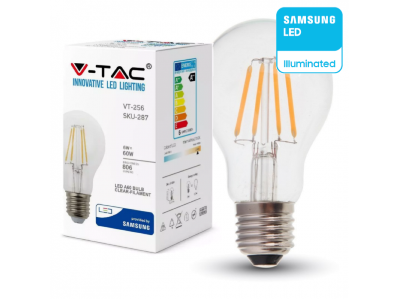SKU 287 VT-256 V-TAC PRO Lampadina LED Chip Samsung E27 6W A60 Filamento 2700K