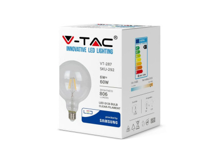 SKU 292 VT-287 V-TAC PRO Lampadina LED Chip Samsung E27 6W 130LM/W G125 Filamento 2700K