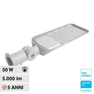 50W  LUCE 6500K BINACA   Armatura Stradale LED Chip Samsung  con Sensore Colore Grigio IP65