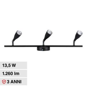 LUCE 3000K CALDA  SKU 218271 V-TAC Faretto LED da Muro Triplo 13,5W con Testa Orientabile Colore Nero  IP20