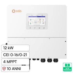 12 KW inverter Fotovoltaico Alta Tensione Solis Trifase Ibrido On-Grid/Off-Grid 12kW, Quadruplo MPPT, CEI 0-21, Schermo LCD, Meter e TA Inclusi,