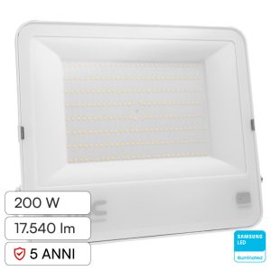 200W LUCE 4000K NATURALE  PRO Faro LED SMD Chip Samsung Cavo 1m Colore Bianco  IP65