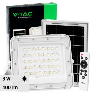40W V-TAC Faro LED con Telecomando e Pannello Solare 6W Batteria sostituibile Cavo da 3m Colore Bianco 4000K IP65