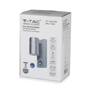 V-TAC VT-7621PIR Portafaretto LED da Muro GU10 (Max 35W) con Sensore PIR Colore Metallico IP44 - SKU 7502