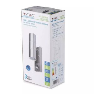 SKU 7503 VT-7621PIRV-TAC Portafaretto LED da Muro 2 GU10 (Max 2*35W) con Sensore PIR Colore Metallico IP44