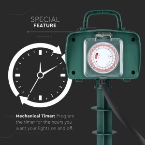 SKU 8811 VT-1112-3  V-TAC Presa da Giardino con Cavo 3mt 2 Prese 16A con Copertura e un Timer Meccanico sul Retro Colore Verde