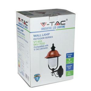 SKU 7532 VT-853 V-TAC Lampada LED da Muro a Lanterna con Portalampada E27 Rivolta in Alto Colore Nero e Calotta in Rame IP44