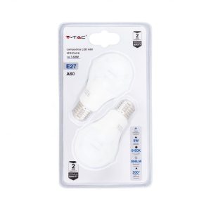 SKU 7295 VT-2139-B  V-TAC Lampadina LED E27 9W A60 4000K (Blister 2 pezzi)