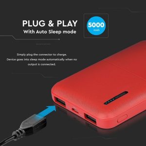 V-TAC VT-3517 Power Bank 5.000 mAh Super Compatto Colore Rosso - SKU 8894