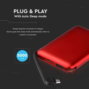 SKU 8866 VT-3510 V-TAC Power Bank 5.000 mAh con Display e cavo USB Colore Rosso