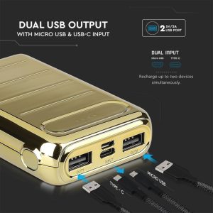 V-TAC VT-3523 Power Bank Gold 20.000 Mah Dual USB Micro USB e Tipo C - SKU 8908