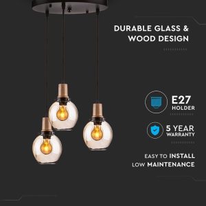 SKU 3926 VT-7307 V-TAC Lampadario LED in Vetro e Metallo a Sospensione con 3 Portalampade E27 (Max 60W) Colore Ambrato