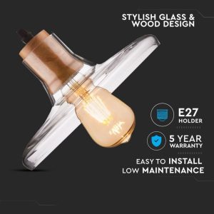 SKU 3820 VT-7240  V-TAC Lampadario LED in Vetro con Portalampada E27 (Max 60W) in Legno