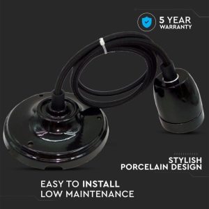 SKU 3804 VT-7998-BK condividi V-TAC Portalampada in Porcellana E27 (Max 60W) Colore Nero e Cavo in Corda