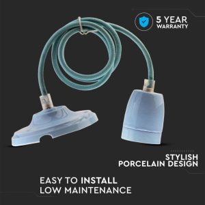 SKU 3806 VT-7998-BL condividi V-TAC Portalampada in Porcellana E27 (Max 60W) Colore Blu e Cavo in Corda