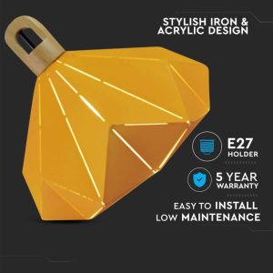 SKU 3950 VT-7323 V-TAC Lampadario LED a Prisma in Metallo con Portalampada E27 (Max 60W) Colore Giallo e Attacco in Legno