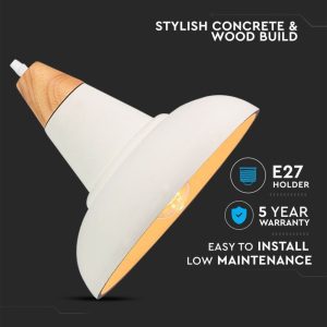 SKU 3858 VT-7301  V-TAC Lampadario LED in Calcestruzzo e Legno con Portalampada E27 Colore Bianco e Attacco in Legno d: 290mm