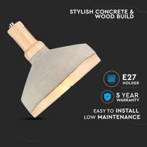 SKU 3854 VT-7291 V-TAC Lampadario LED a Coppa in Calcestruzzo con Portalampada E27 in Legno