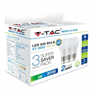 SKU 7268 VT-2055  V-TAC Lampadina LED E27 5W A55 6400K (Box 3 pezzi)