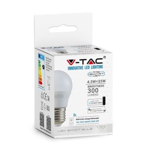 SKU 2755 VT-5124 V-TAC Lampadina LED E27 5W G45 Compatibile con Google Home e Amazon Alexa Tramite App V-Tac Smart RGB