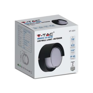 SKU 218609 VT-831 V-TAC Lampada LED da Muro Rotonda 7W con Diffusore Semicoperto Colore Nero 3000K IP65