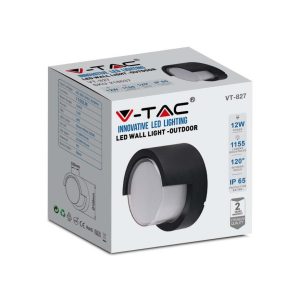 SKU 218537 VT-827 V-TAC Lampada LED da Muro Rotonda 12W con Diffusore Semicoperto Colore Nero 3000K IP65