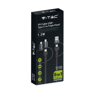 SKU 7747 VT-5323  V-TAC Cavo 5in1 da USB Tipo-C, USB-A a USB Tipo-C, Micro-USB, Lightning (iPhone) 1.2m Ricarica Rapida 3.1A 60W